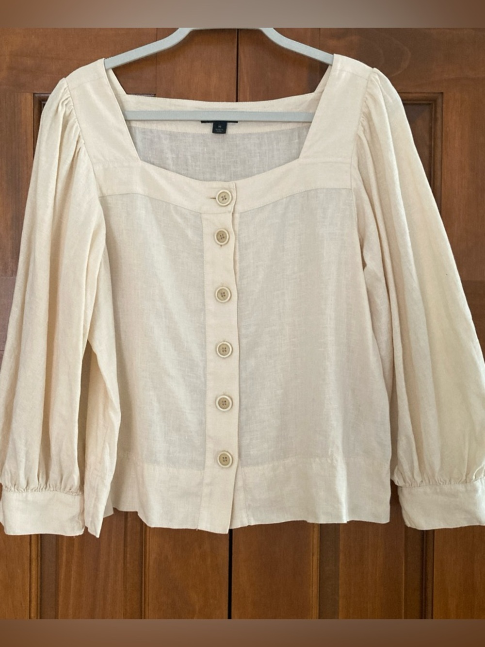 J. Crew pale peach linen Square-Neck Button Front Blouse puff sleeves medium